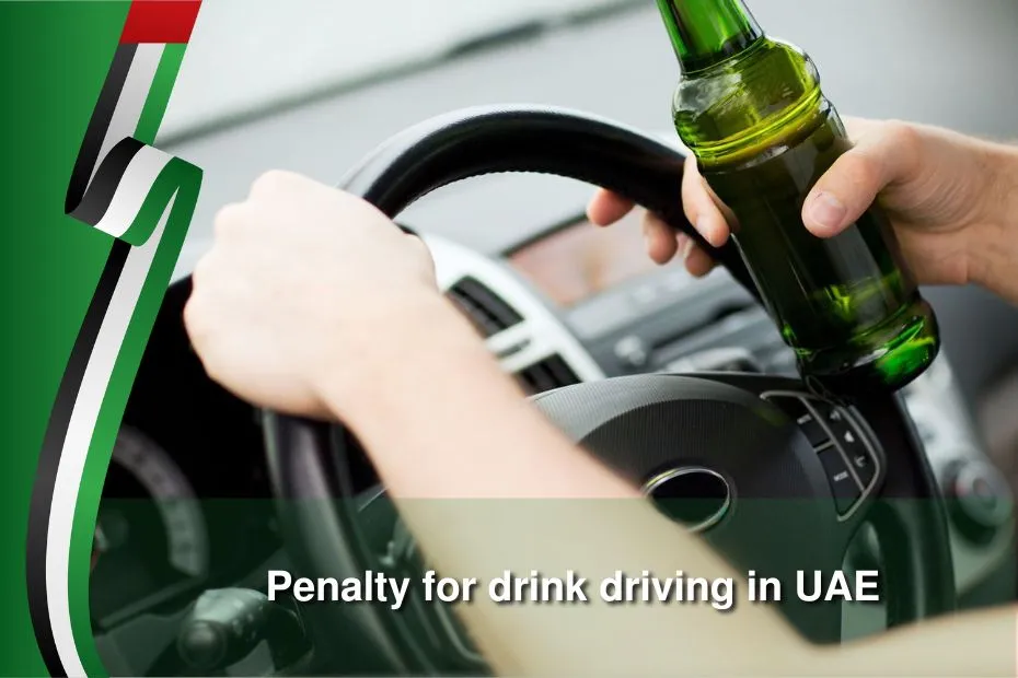 A person holding a beer bottle while driving, with a message that reads, Penalty for drink driving in UAE.