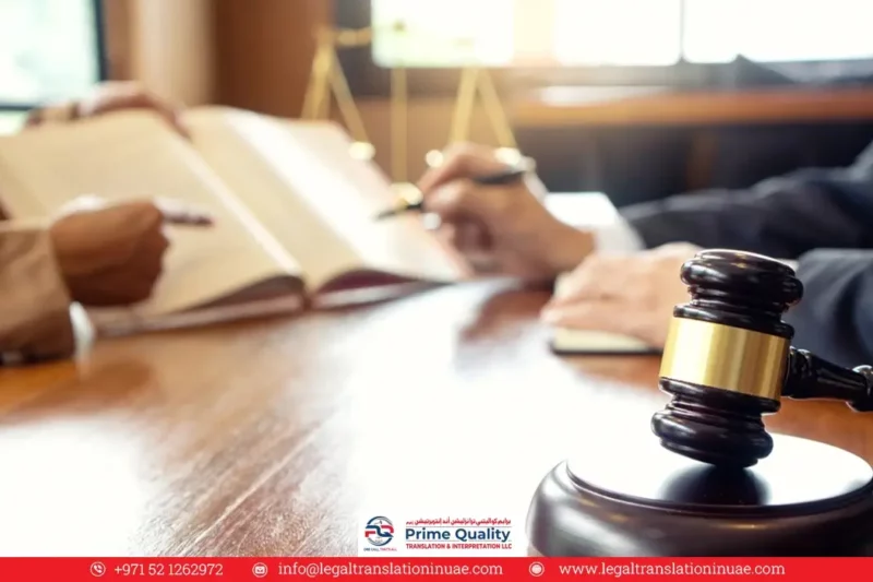 A judge's gavel is in the foreground and two people reviewing documents are in the background.