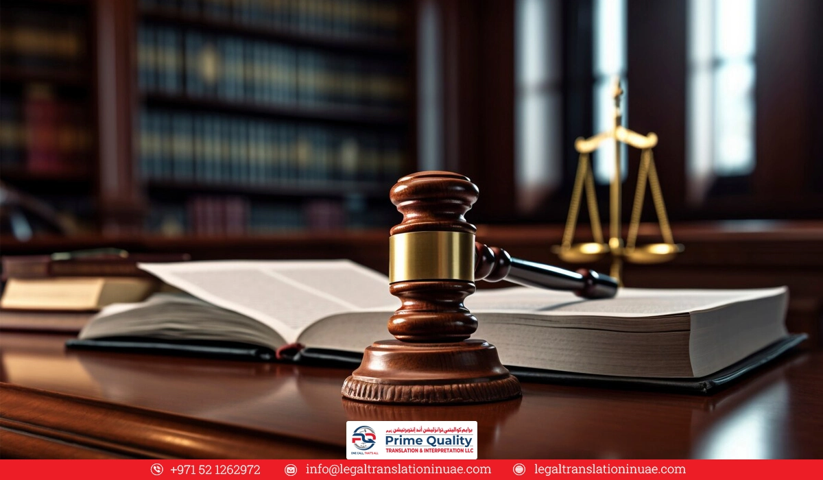 A gavel placed on an open book in a law library with legal scales in the background.